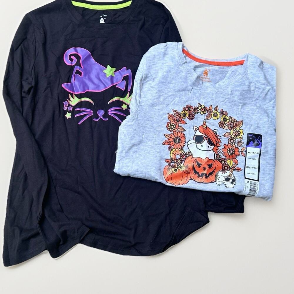 Halloween‎ Shirts Girls 14-16 Cat Witch Hat Unicorn Pumpkins New Long Sleeve